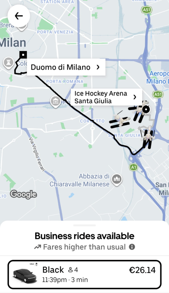 Screenshot of the Uber app map in Milan showing skier icons replacing standard vehicle icons during the Milano Cortina 2026 Winter Games integration.